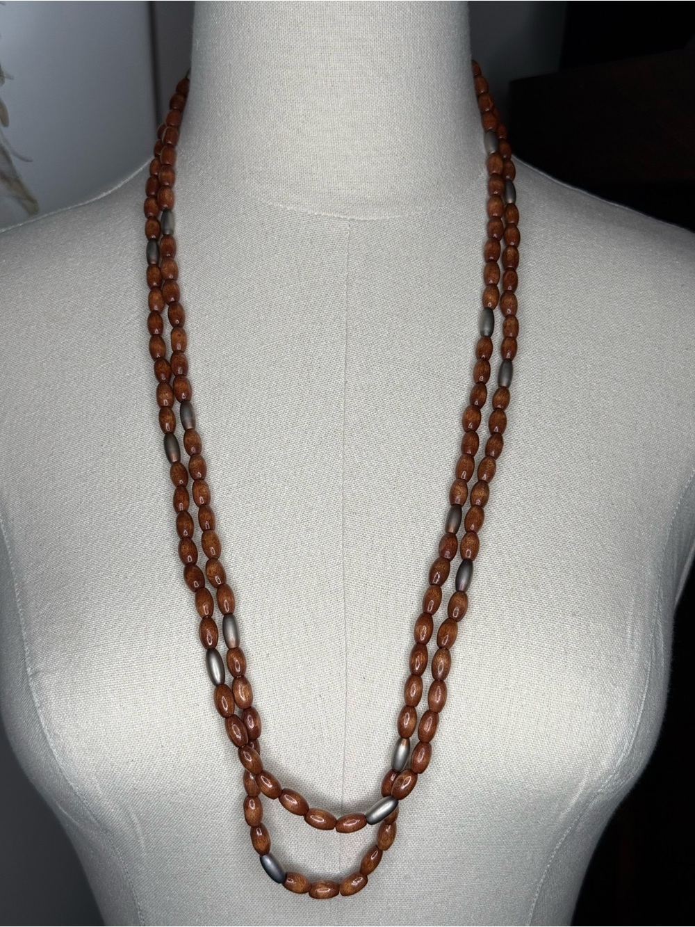 Express Brown Wood Bead Necklace with Bronze Accents- Vintage Y2K EUC